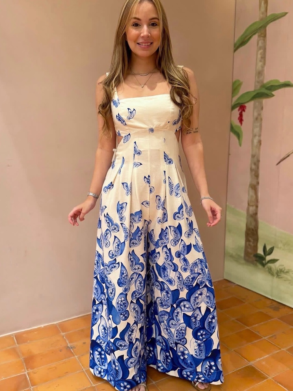 Farm Rio Brazil - Cream and Blue Butterfly Print Wide-Leg Jumpsuit